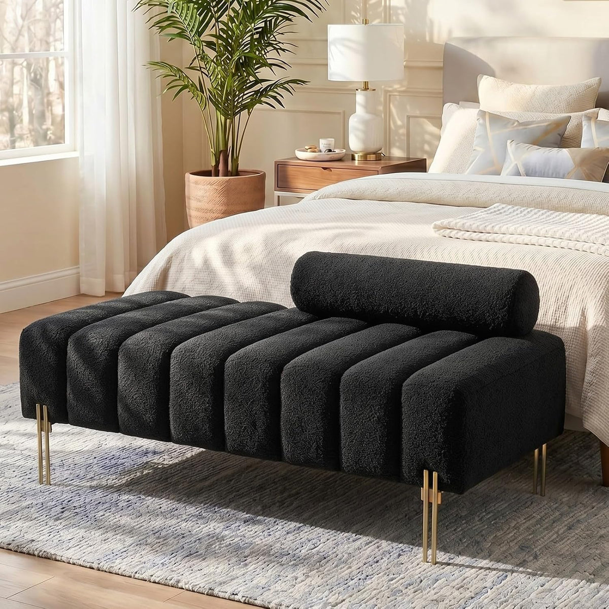 53.2" Width Ottoman Bench, Teddy Upholstered Accent Sofa with Metal Legs, Comfy Love Seat Couches with Adjustable Backrest, End of Bed Bench for Bedroom, Entryway (Black)