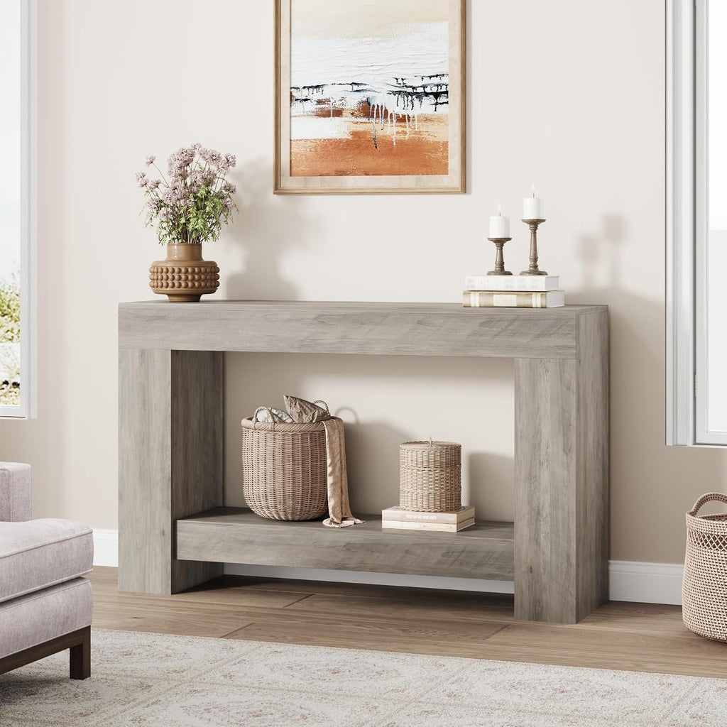 Garvee 47" Farmhouse 2-Tier Console Table for Entryway, Grey | Sofa Table with Storage, Sturdy U-Shaped Base, Long Entryway Table for Living Room, Easy Assembly