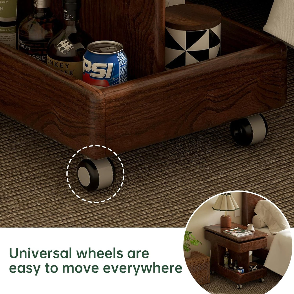 100% Solid Wood Lift Top End Table with Swivel Top, Sofa Couch Table with Wheels, Small Bedside Table for Living Room, Recliner and Small Places(Walnut, Fully Assembled Furniture)