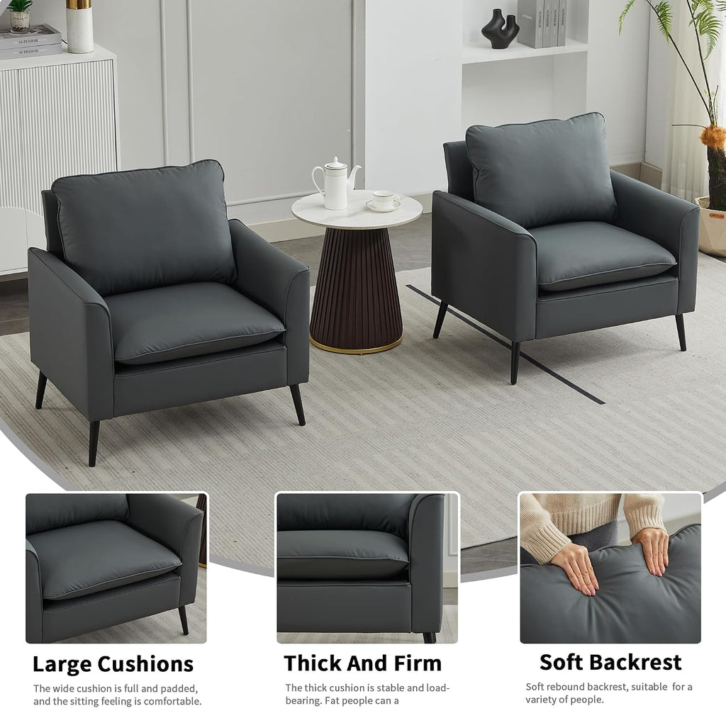 YISHENG Mid-Century Modern Living Room Accent Chairs Set of 2 - Oversized Faux Leather Armchairs with Removable Cushions & Metal Legs, Comfortable Sofas for Office/Lounge/Bedroom/Reception,Gray