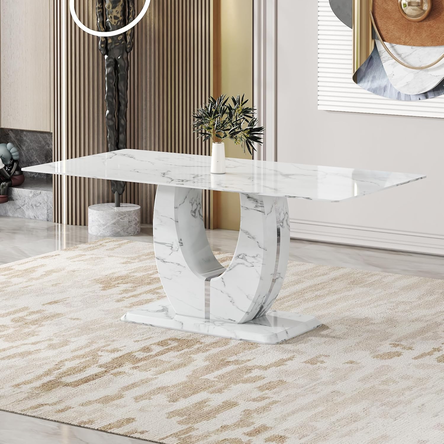 71" Faux Marble Dining Table, Modern Rectangular Kitchen Table with 0.4'' Thick Tabletop, Rounded Corners, Stable Pedestal Base, Easy to Clean for Dining Room (White-MWH, 71 inch)
