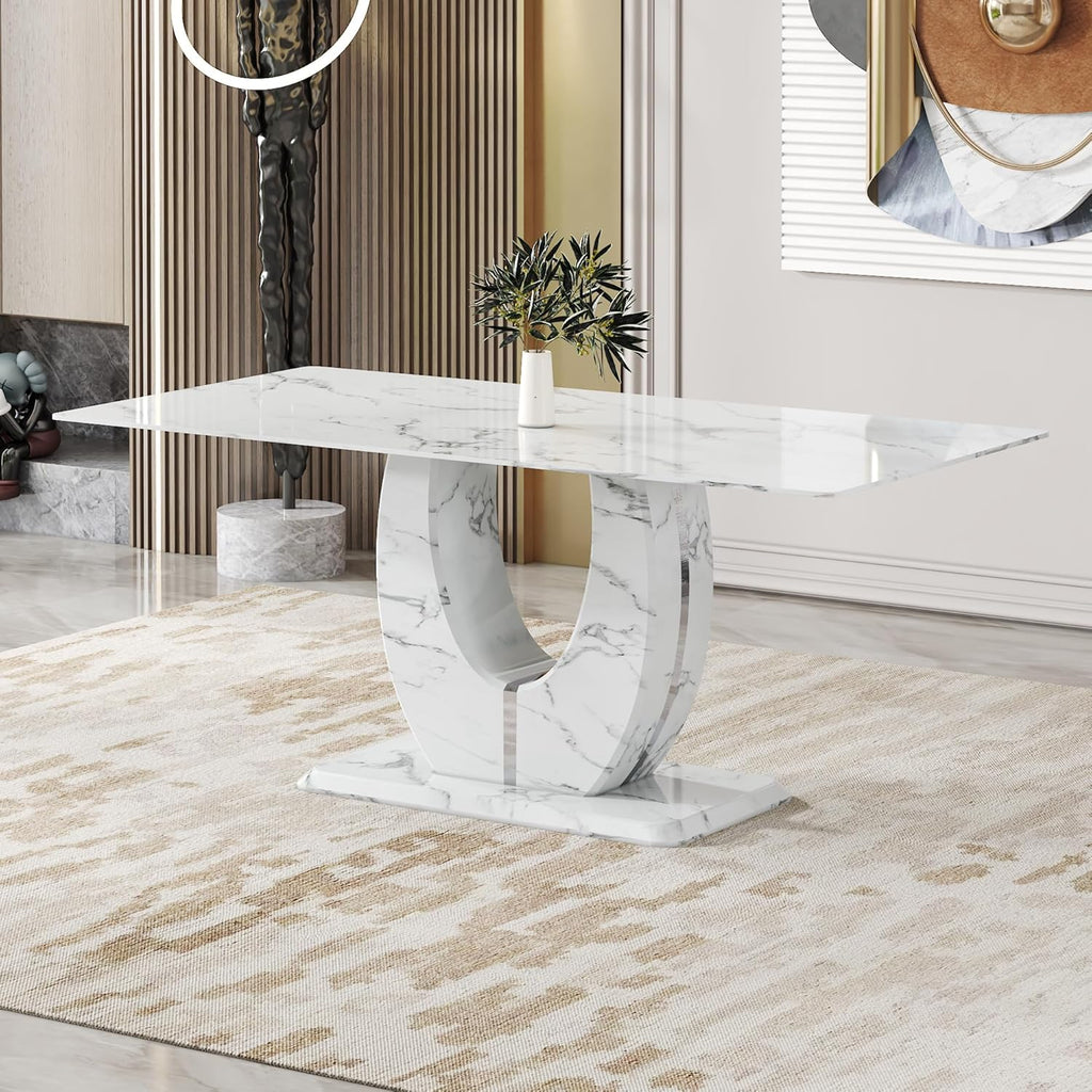 White Faux Marble Dining Table for 6/7/8｜Modern Luxury Dining Room Table｜71" Large Rectangular Kitchen Table with 0.4" Thick Tempered Glass Top for Family Gatherings
