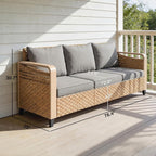 Outsunny Outdoor Patio Couch with Wide and Deep Seat, 3 Seater Wicker Outdoor Sofa with Wide Metal Armrests, Patio Furniture Couch with Cushions for Porch, Garden, Backyard, Gray | Removable Covers