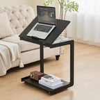 C-Shaped End Table with Wheels - Rolling Side Table for Couch, Solid Wood Modern Adjustable Angles Tv Tray Sofa Tables for Living Room, Bedroom, Home Office, Black, 15.4"D x 23.6"W x 24.8"H