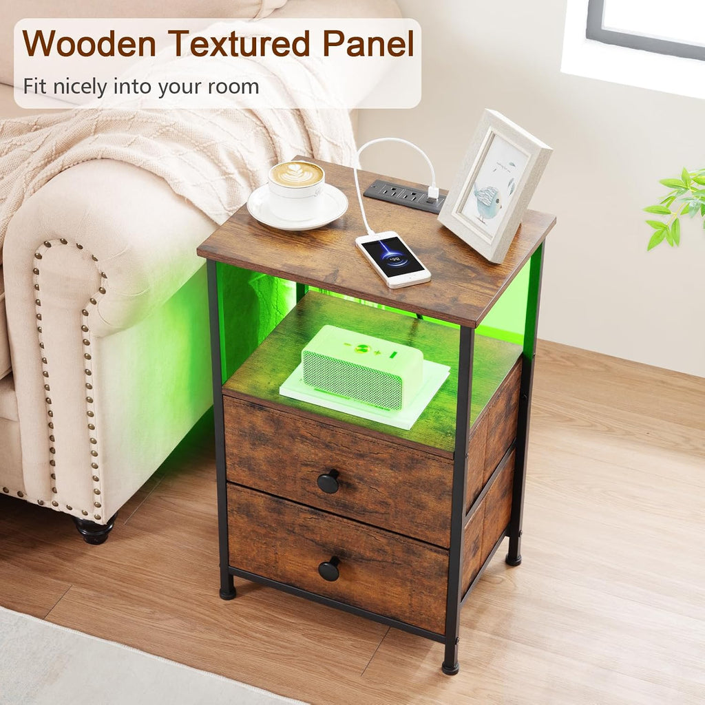 LOAKEKEL Nightstands Set of 2, LED Night Stand with Charging Station | Bedside Table with Type-C Outlets & 2 Fabric Drawers, End Tables with Storage Shelf for Bedroom, Small Spaces, Brown