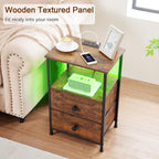 LOAKEKEL Nightstands Set of 2, LED Night Stand with Charging Station | Bedside Table with Type-C Outlets & 2 Fabric Drawers, End Tables with Storage Shelf for Bedroom, Small Spaces, Brown