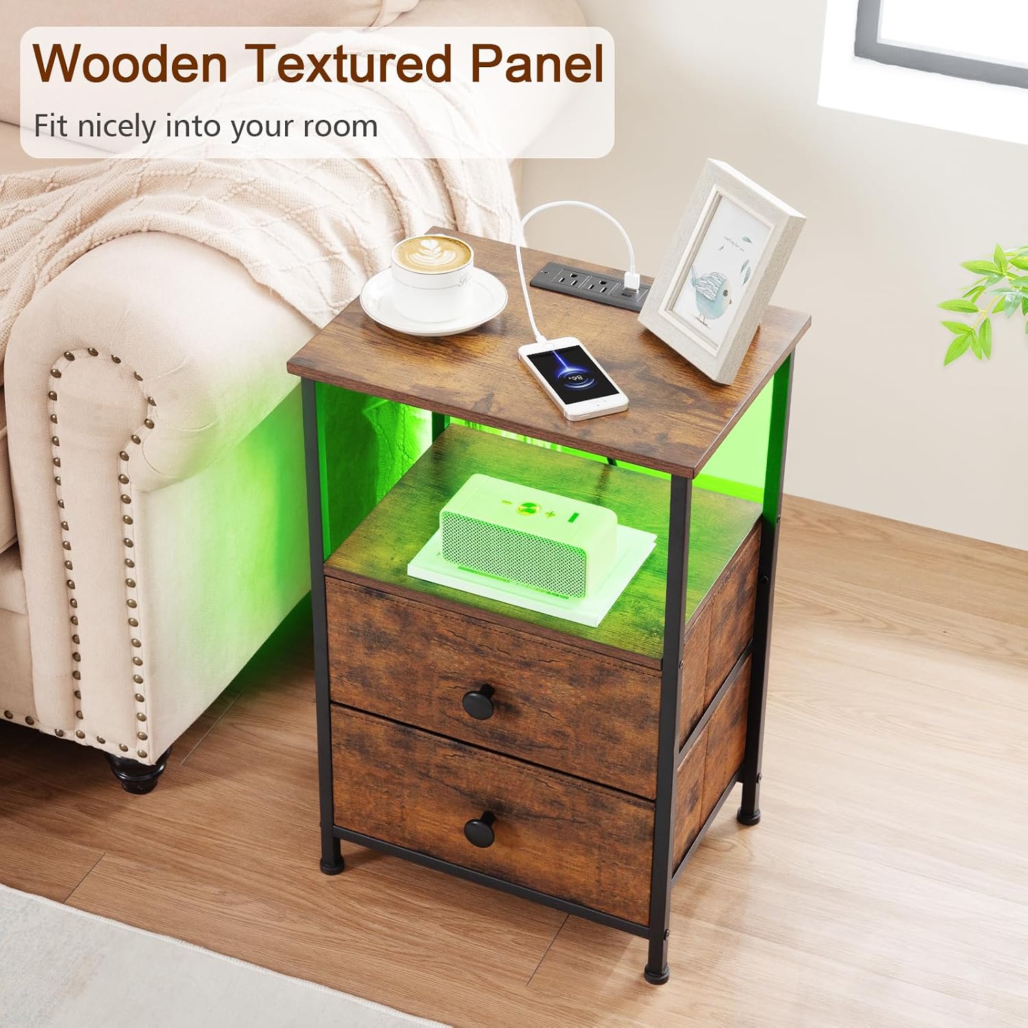 LOAKEKEL Nightstands Set of 2, LED Night Stand with Charging Station | Bedside Table with Type-C Outlets & 2 Fabric Drawers, End Tables with Storage Shelf for Bedroom, Small Spaces, Brown