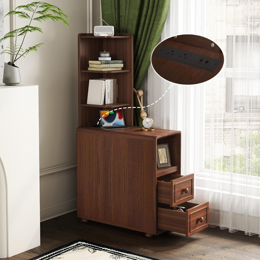 GDFStudio End Table with 2 Drawers & 3 Open Shelves, Corner Side Table with Reversible Top Shelves & Charging Station, 2 USB Ports & AC Outlets, Ideal for Bedroom & Living Room, Walnut Finish