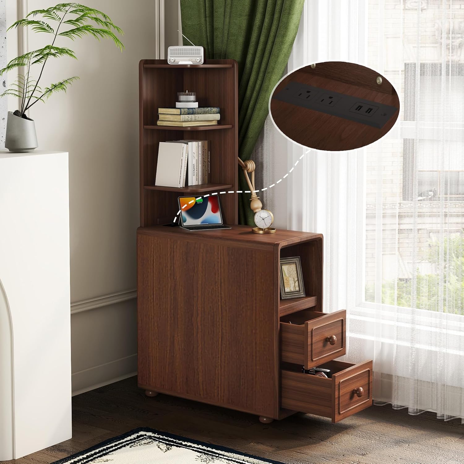 GDFStudio End Table with 2 Drawers & 3 Open Shelves, Corner Side Table with Reversible Top Shelves & Charging Station, 2 USB Ports & AC Outlets, Ideal for Bedroom & Living Room, Walnut Finish