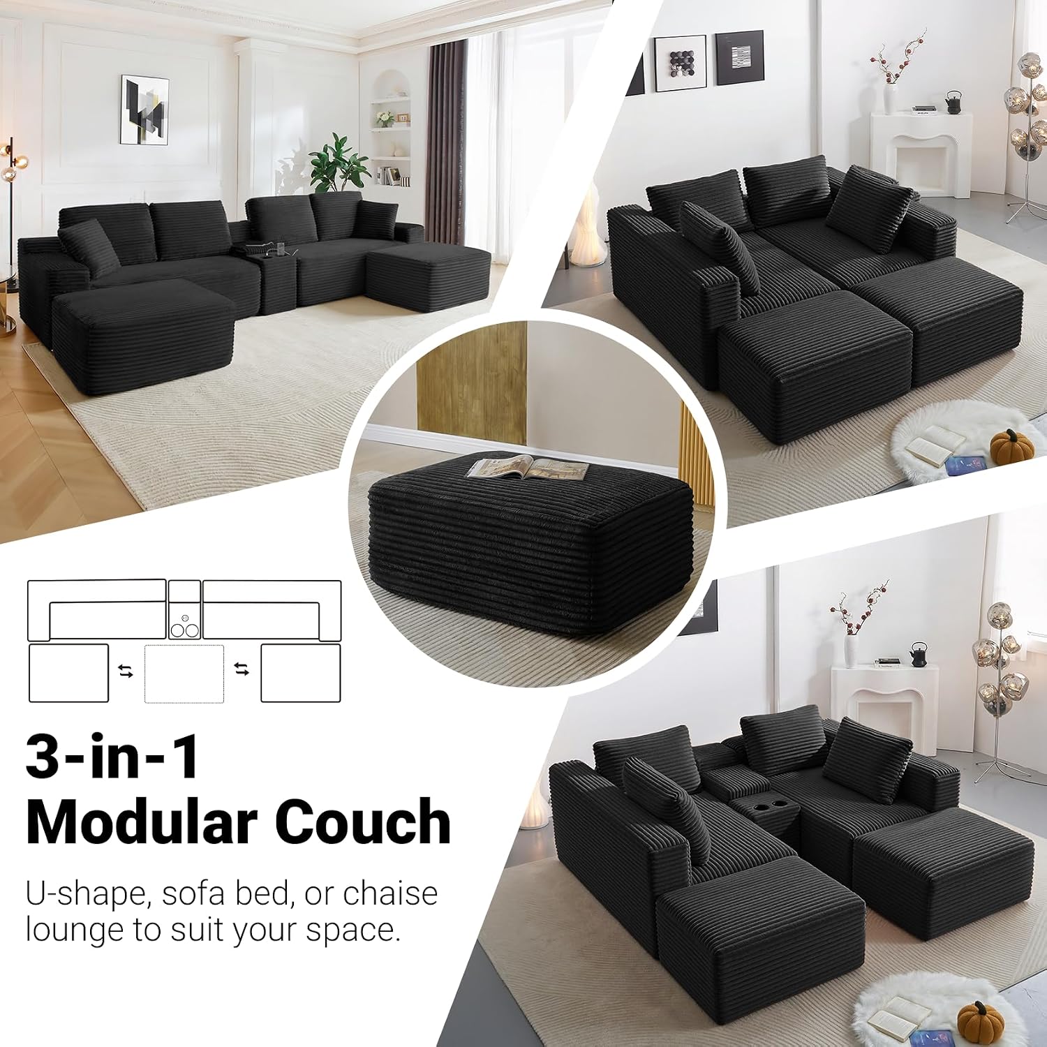 ivoros 150 Inch Modular Sectional Sofa Couch, Oversized Modern Cloud Couch for Living Room, U Shape Couches with 2 Ottomans, USB Ports and Cup Holders, Black Corduroy Sofas, Sofa in a Box