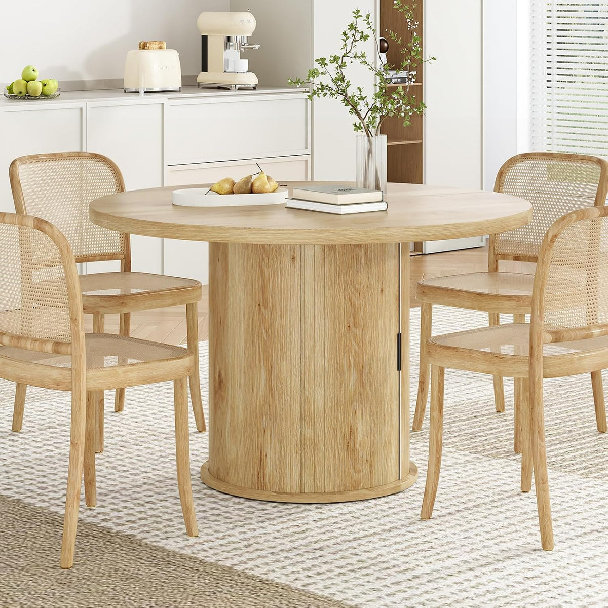 43.3'' Round Dining Table with Hidden Storage Space, Wooden Circle Kitchen Dinner Table for Dining Room Living Room, Easy Assembly, Natural