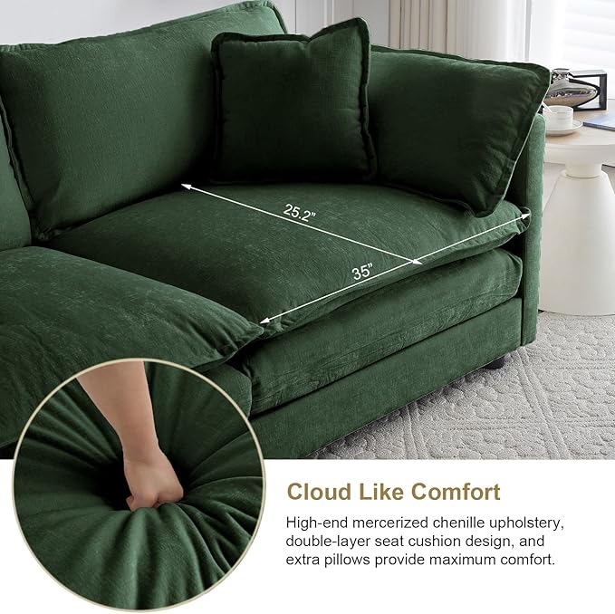 KIVENJAJA Chenille Loveseat Sofa, Oversized 2-Seater Small Cloud Couch, Modern Comfy Deep Seat Love Seat with 4 Pillows for Living Room Bedroom Office Apartment, 76.7”W, Green
