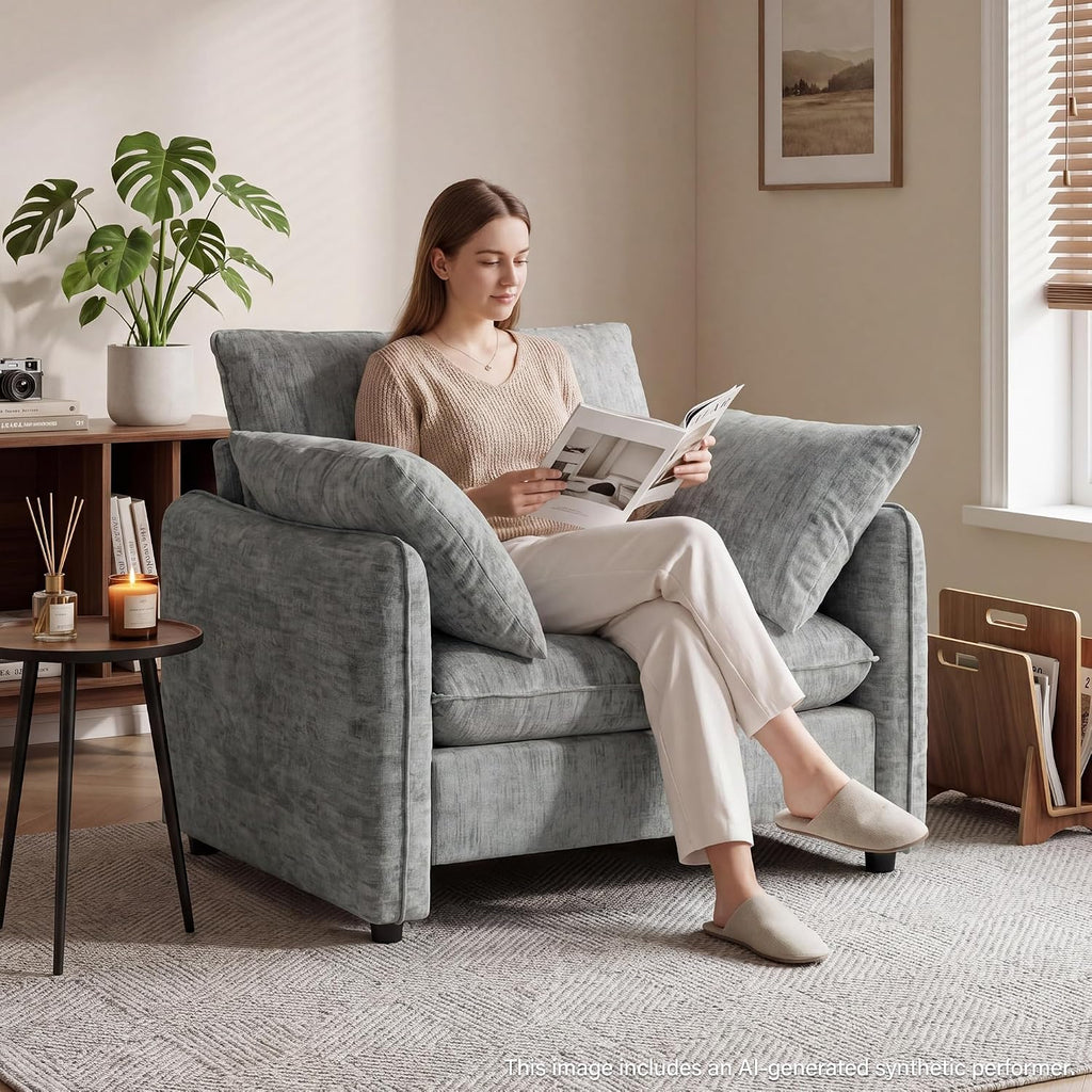 Elegant Oversized Accent Chair for Living Room, 42.1", Chenille, Gray | Modern Upholstered Piping Single Reading Armchair with Cushion Backrest and 2 Pillows for Bedroom, Office, Reception Area