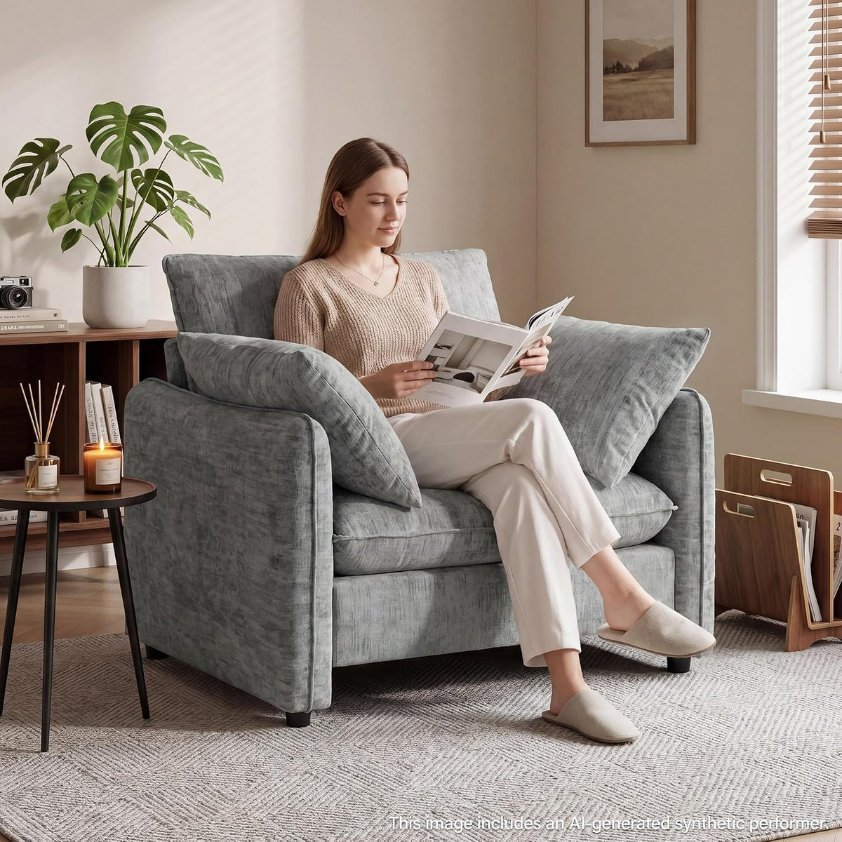 Elegant Oversized Accent Chair for Living Room, 42.1", Chenille, Gray | Modern Upholstered Piping Single Reading Armchair with Cushion Backrest and 2 Pillows for Bedroom, Office, Reception Area