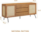 NTC MOSSIC Modern Large Sideboard with 2 Doors 3 Drawers, Natural Rattan Storage Cabinet, Buffet with Metal Legs, Boho Accent Cabinet for Living Room, and Entryway, Effortless Assembly, Teak Look