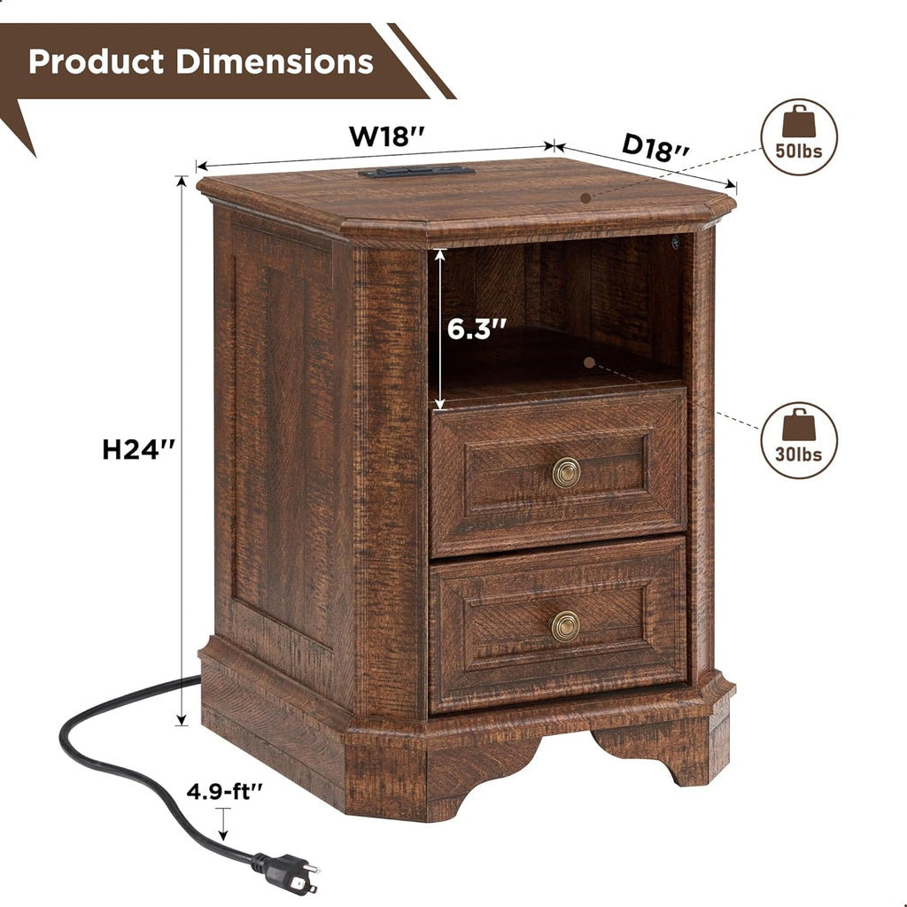 T4TREAM Farmhouse Nightstand Set of 2 with Charging Station, 18" End Table with 2 Drawers, Wood Side Table, Bedside Cabinet for Bedroom, Living Room (Brown)