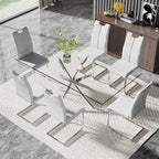 Modern 63 Inch Glass Dining Table Set for 6, 7 PCS Kitchen Table Set, Clear Tempered Glass Dinner Table with Silver Chrome Legs & Gray Upholstered PU Faux Leather Dining Chairs for Home, Dining Room