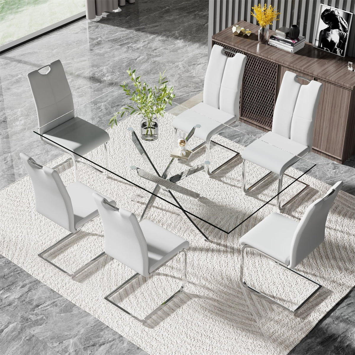 Modern 63 Inch Glass Dining Table Set for 6, 7 PCS Kitchen Table Set, Clear Tempered Glass Dinner Table with Silver Chrome Legs & Gray Upholstered PU Faux Leather Dining Chairs for Home, Dining Room