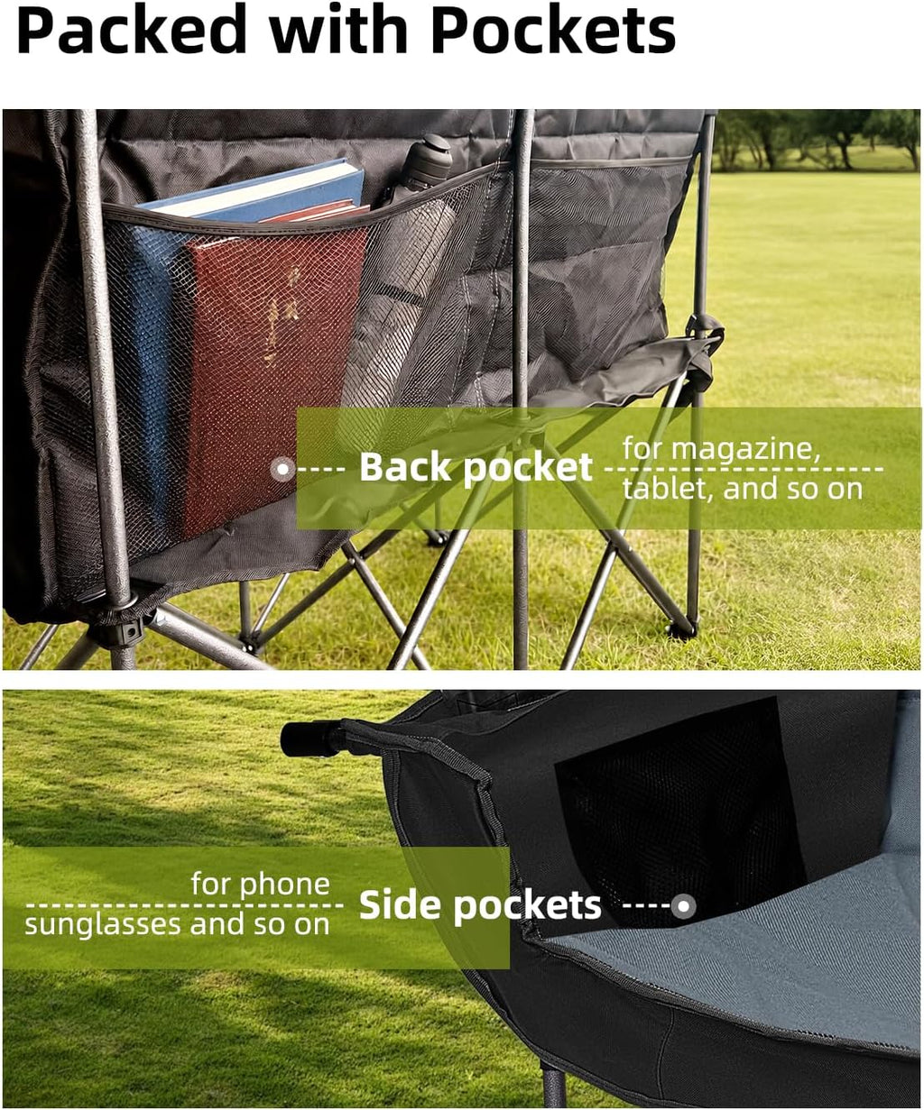 Abahub 2-Person Folding Camping Chair Loveseat Couch Chairs, 650 LBS Portable Quad Fold for Outdoor Camping, Lawn, Backyard, Patio, Tailgating, Sports, Soccer Games & Beach Days Black Grey