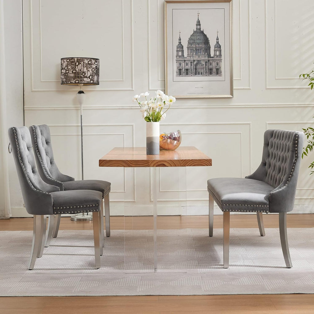 Henf Modern Tufted Velvet Dining Bench with Wing Back, 2-Seat, Nailhead Trim, Sturdy Stainless Steel Legs, Entryway Bench Small Upholstered Loveseat Sofa, 45.6''W x 22.7''D x 35.2''H (Gray&Silver)