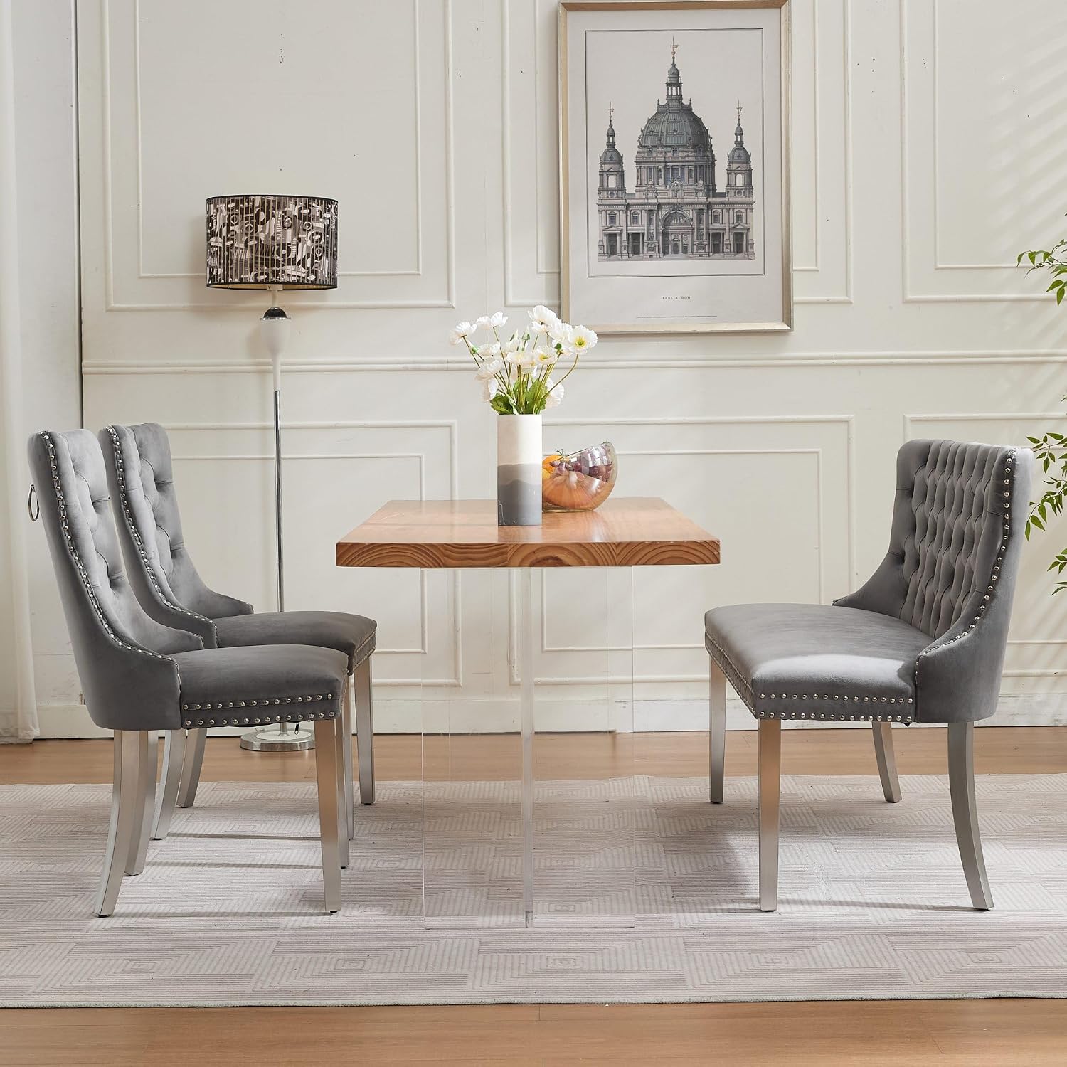 Henf Modern Tufted Velvet Dining Bench with Wing Back, 2-Seat, Nailhead Trim, Sturdy Stainless Steel Legs, Entryway Bench Small Upholstered Loveseat Sofa, 45.6''W x 22.7''D x 35.2''H (Gray&Silver)