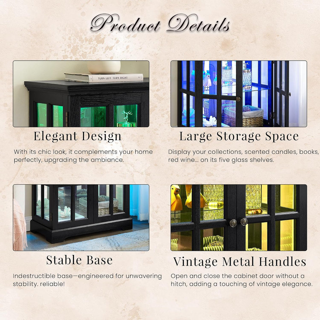 32" H LED Accent Curio Cabinet with 7 Color Lights for Collectibles, Modern Storage Cabinet with Tempered Glass Doors, (Black)