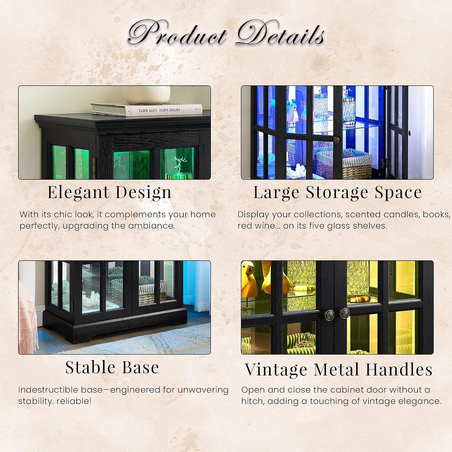 32" H LED Accent Curio Cabinet with 7 Color Lights for Collectibles, Modern Storage Cabinet with Tempered Glass Doors, (Black)
