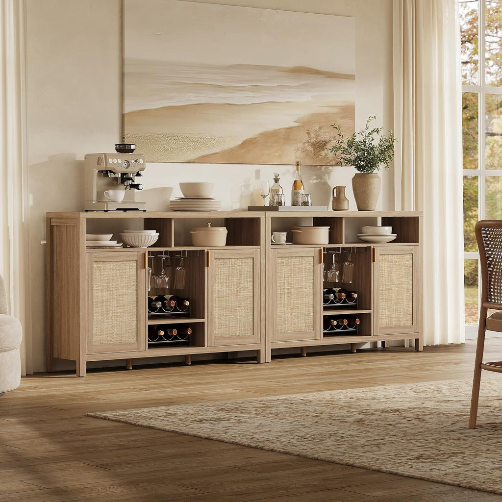 SICOTAS 51" Coffee Bar Cabinet with Storage, Rattan Bar Cart Liquor Cabinet | Large Home Bar Table Wine Cabinet with Wine Racks & Metal Glass Holders, Boho Sideboard Buffet Cabinet for Dining Living Room