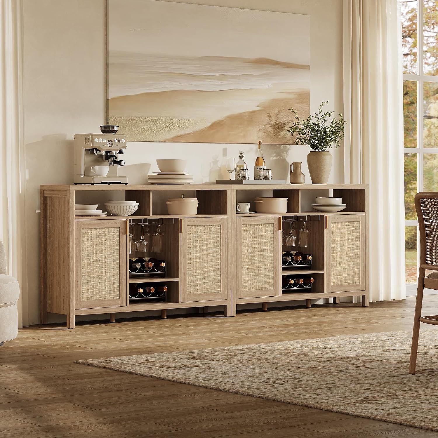 SICOTAS 51" Coffee Bar Cabinet with Storage, Rattan Bar Cart Liquor Cabinet | Large Home Bar Table Wine Cabinet with Wine Racks & Metal Glass Holders, Boho Sideboard Buffet Cabinet for Dining Living Room
