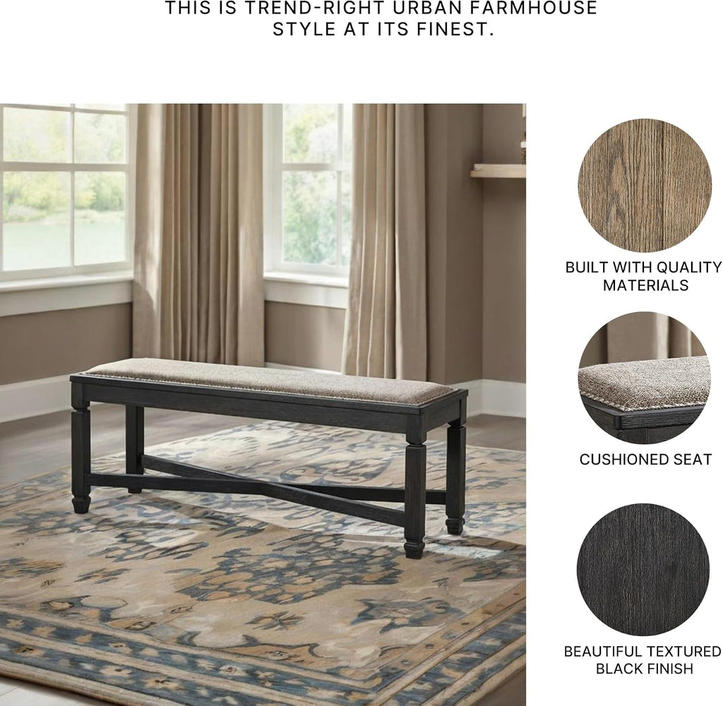 Signature Design by Ashley Tyler Creek Farmhouse Upholstered Dining Room Bench with Tapered Legs, Heavy Woven Fabric, Wood, 19.5" High Seat, Black & Gray
