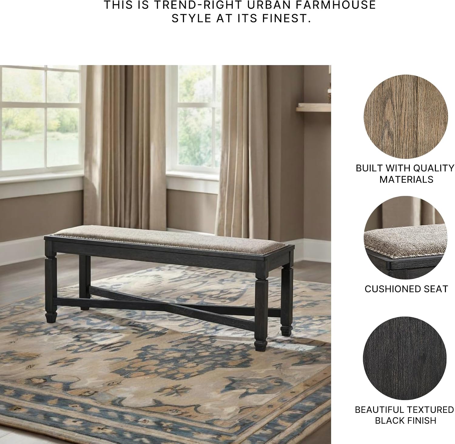 Signature Design by Ashley Tyler Creek Farmhouse Upholstered Dining Room Bench with Tapered Legs, Heavy Woven Fabric, Wood, 19.5" High Seat, Black & Gray
