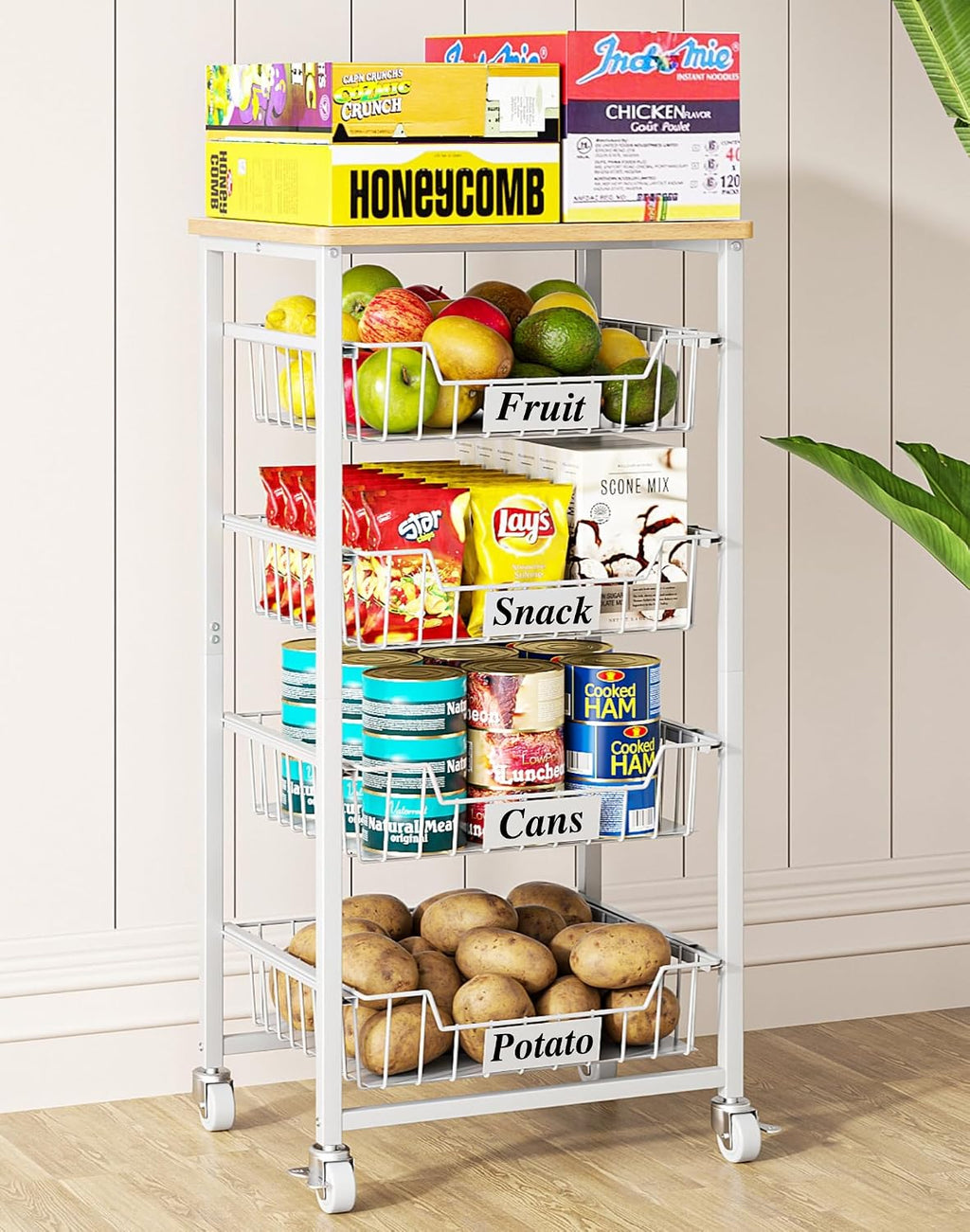 OKZEST 5-Tier Kitchen Storage Cart with 4 Upgraded Drawer Basket & Wood Top | Mobile fruit basket stand with 4 PE liners, Rolling kitchen pantry organizers, Holds potato, onion, drink, can, snack, veggie