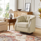 HULALA HOME Genuine Leather Swivel Rocker Chairs, Fully Assembled, Beige | Set of 2 Leather Swivel Accent Chairs, Traditional Chesterfield Barrel Chairs with Button-Tufted Design, for Living Room