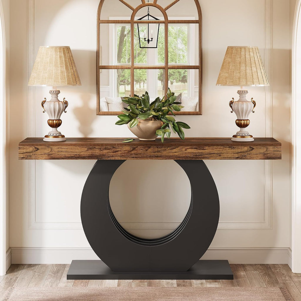 Tribesigns 63-Inch Console Sofa Table, Rustic Industrial Farmhouse Entryway Table, Narrow Long Couch Console Behind Sofa with Black Circle Base for Living Room Hallway, Rustic Brown