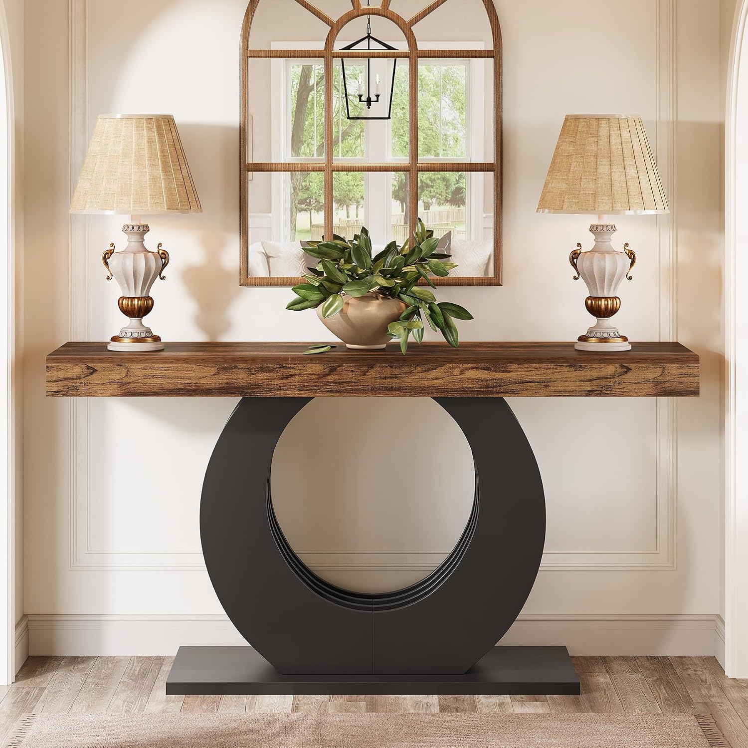 Tribesigns 63-Inch Console Sofa Table, Rustic Industrial Farmhouse Entryway Table, Narrow Long Couch Console Behind Sofa with Black Circle Base for Living Room Hallway, Rustic Brown
