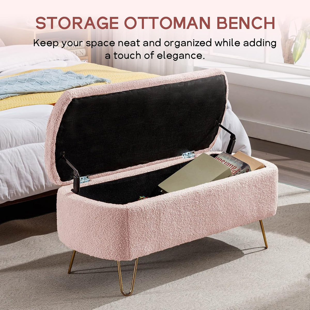 NIOIIKIT Storage Ottoman Bench, Faux Fur Upholstered Entryway Bench, Pink | Upholstered Ottoman Bench with Metal Legs, Bedroom Bench with Flip Top, Footrest Shoe Bench for Living Room, Bedroom