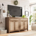 Sideboard Buffet Cabinet with Storage - 30" Rattan Boho Console Cabinets with Drawers, Mid Century Coffee Bar Cabinet for Entryway Living Room, Caramel Oak, Two Doors, Set of 2