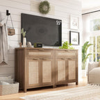 Sideboard Buffet Cabinet with Storage - 30" Rattan Boho Console Cabinets with Drawers, Mid Century Coffee Bar Cabinet for Entryway Living Room, Caramel Oak, Two Doors, Set of 2