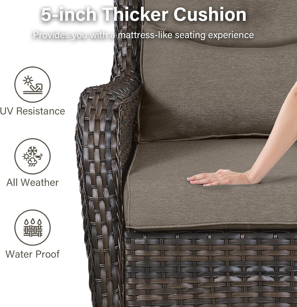 Outdoor Swivel Rocker Patio Chairs with 2 Ottomans - 5" Thick Cushion 4 Piece Furniture Set All Weather Comfortable Wicker Conversation Set for Porch Poolside and Deck - Brown/Gray