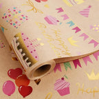 Aimyoo Birthday Wrapping Paper Roll - 17 Inch X 16.4 Feet - Gold Foil Celebration Cake, Gift Box,Happy Birthday Lettering Design Gift Wrap for Kids, Baby Showers