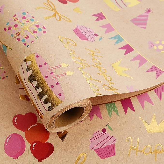 Aimyoo Birthday Wrapping Paper Roll - 17 Inch X 16.4 Feet - Gold Foil Celebration Cake, Gift Box,Happy Birthday Lettering Design Gift Wrap for Kids, Baby Showers