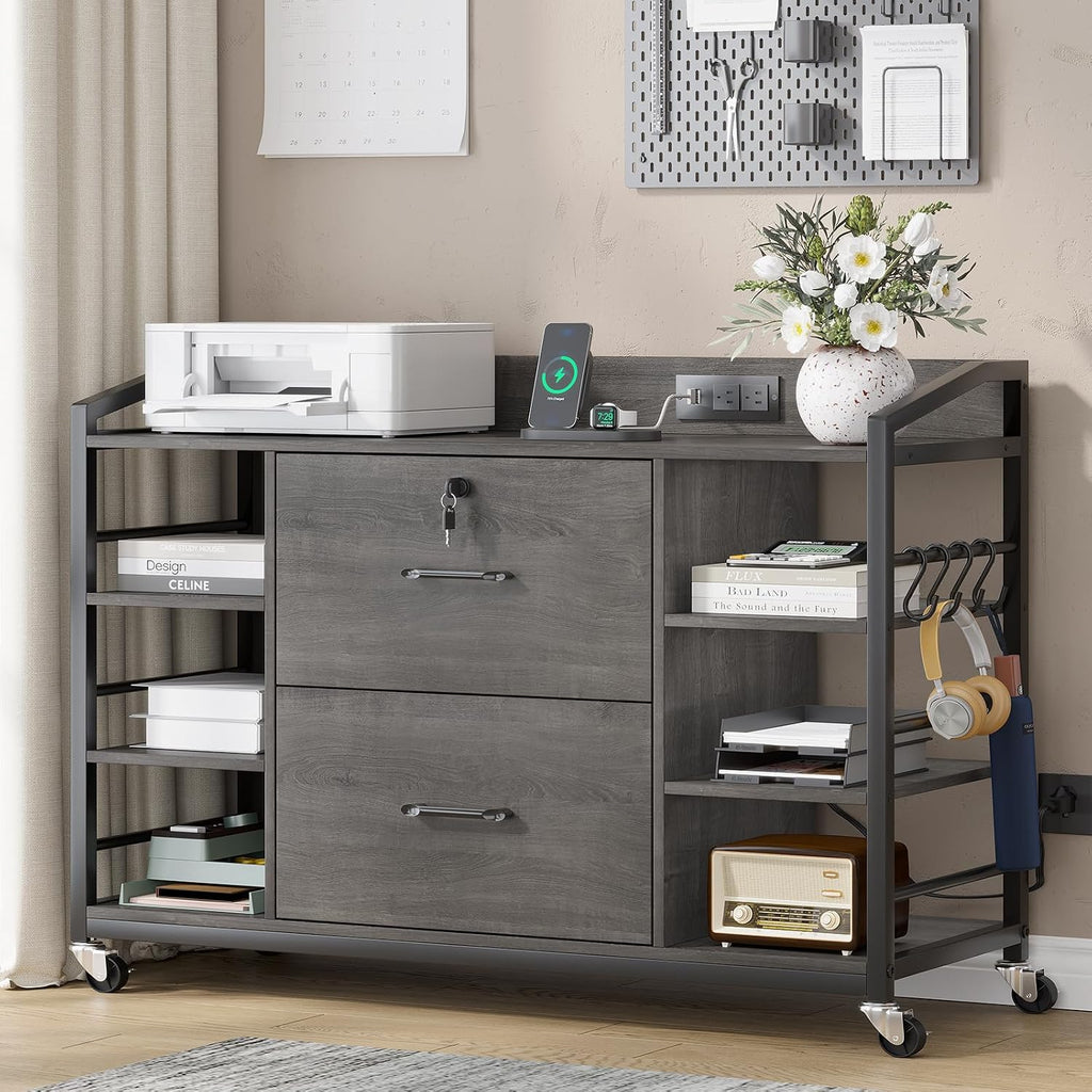 SEDETA 44" File Cabinet with Lock, Filing Cabinet fits Legal/Letter Size | Grey Lateral 2 Drawer Filing Cabinets for Home Office with Lock, Power Strip, 6 Storage Shelves, Wheels and 4 Hooks