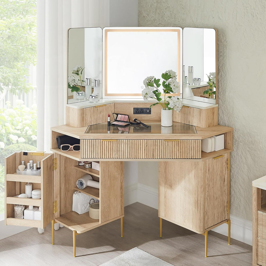T4TREAM 48" Corner Makeup Vanity with Lighted Triple Mirror, Natural Oak | Modern, Fluted Vanity, Glass Top, 3 Drawers, 2 Cabinets, Organized Bedroom Storage