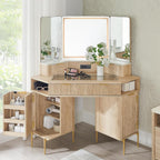 T4TREAM 48" Corner Makeup Vanity with Lighted Triple Mirror, Natural Oak | Modern, Fluted Vanity, Glass Top, 3 Drawers, 2 Cabinets, Organized Bedroom Storage