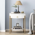 OIOG Round End Table, Nightstand with Storage, Marbling Natural Stone/Gold