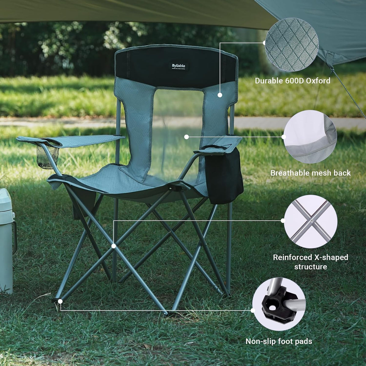 Camping Chairs Portable Folding Lightweight Outdoor Lawn Chair for Adults with Cooler Bag, Cup Holder and Side Pocket for Camping, Beach, Sports, Hiking, Fishing, Gray Black