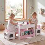 HONEY JOY Wooden Kids Table and Chair Set w/Double-Sided Tabletop | Toddler Activity Table and Chairs w/ Chalkboard, Bookshelves, Small Compartments and Fabric Drawers for Art & Crafts