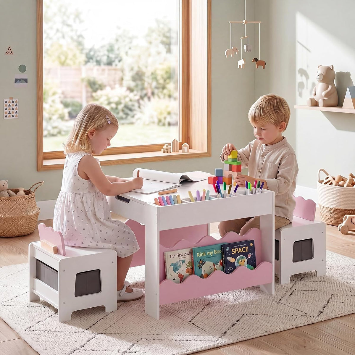 HONEY JOY Wooden Kids Table and Chair Set w/Double-Sided Tabletop | Toddler Activity Table and Chairs w/ Chalkboard, Bookshelves, Small Compartments and Fabric Drawers for Art & Crafts