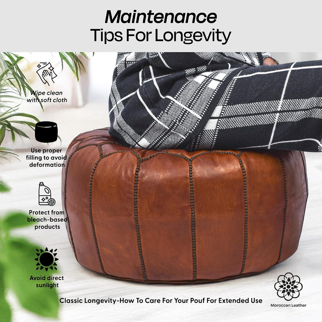 Moroccan Leather Handmade Pouf Ottoman Cover, Unstuffed Foot Stool, Round Boho Footrest for Living Room, Bedroom, Home Decor Gift (Dark Tan By Brown)