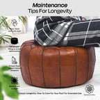 Moroccan Leather Handmade Pouf Ottoman Cover, Unstuffed Foot Stool, Round Boho Footrest for Living Room, Bedroom, Home Decor Gift (Dark Tan By Brown)